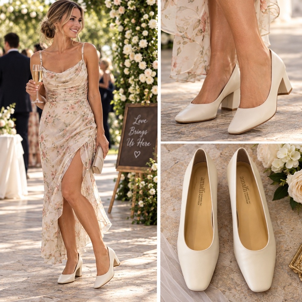 Amalfi for Nordstrom Cream Leather Square Toe Block Heel Pumps Made in Italy 7.5